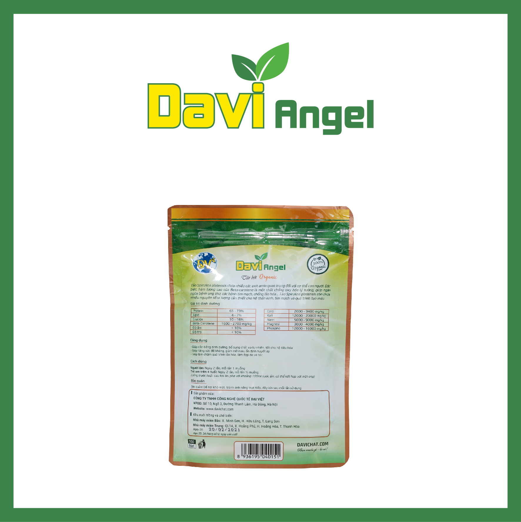 Tảo xoắn Đại Việt Davi Angel Tảo bột giúp cân bằng dinh dưỡng, bổ sung chất xơ tự nhiên, làm đẹp da và tóc DV15/DV16