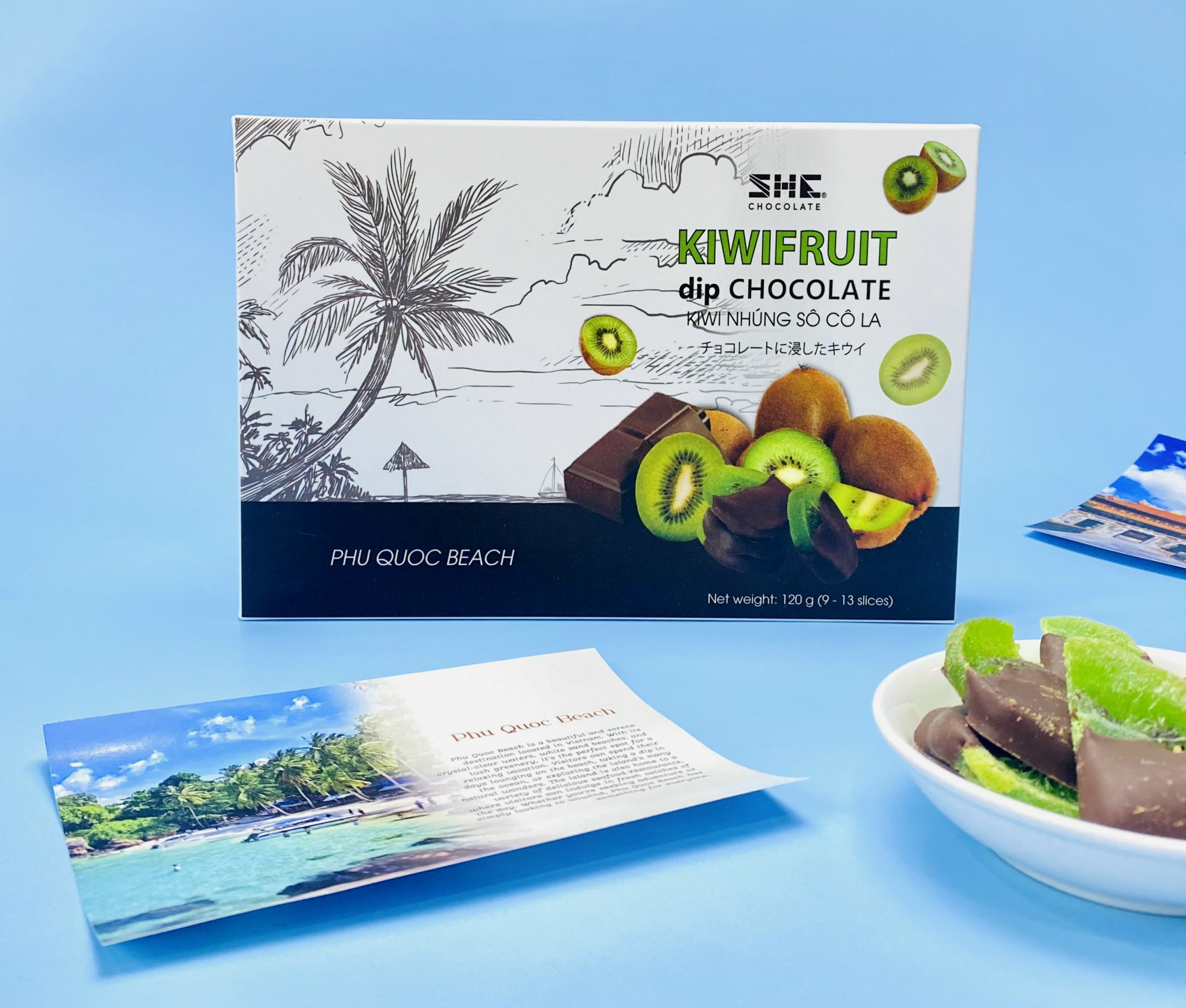 Socola kiwi nhúng hộp 120g SHE Chocolate - Quà tặng du lịch phong cảnh biển Phú Quốc Việt Nam