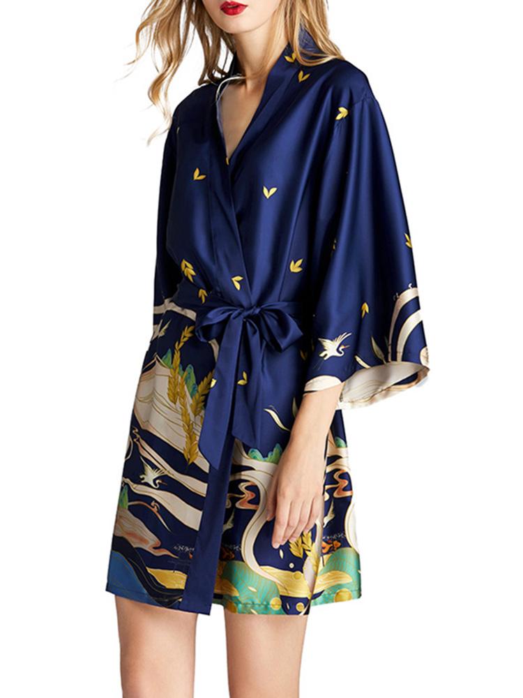 Women Pajamas Print Night Robe V Neck Three Quarter Sleeve Soft Comfortable Satin Nightwear Gown Sleepwear