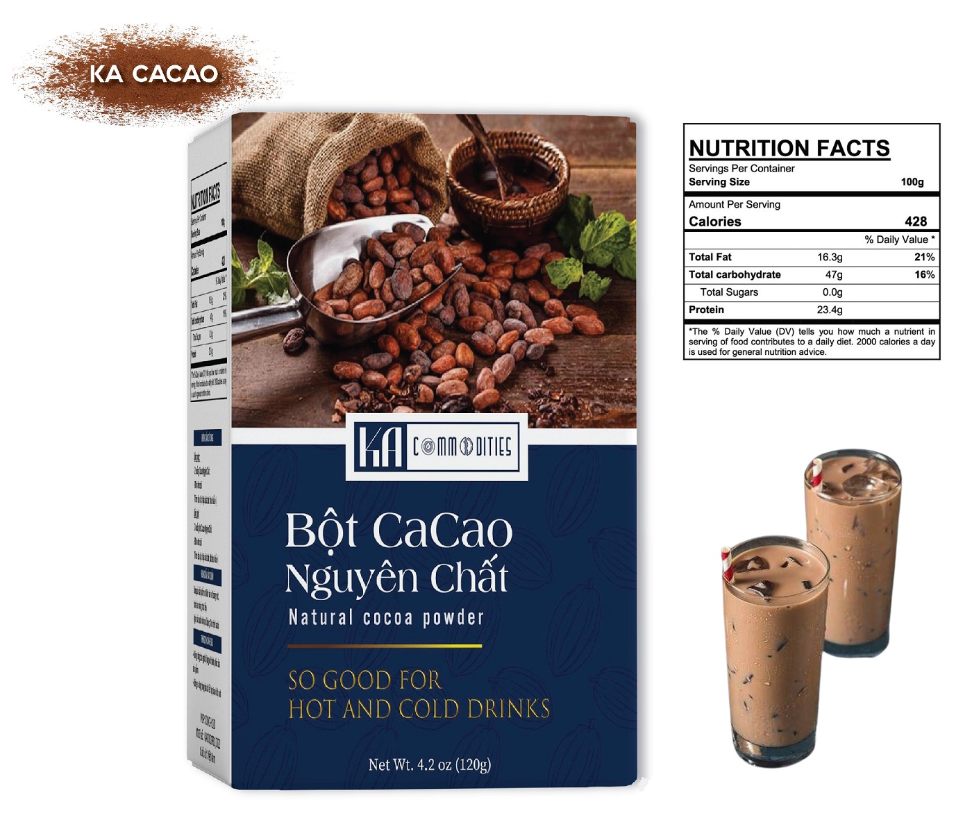 Bột Cacao Nguyên Chất KA CACAO - Không đường - Hương vị sôcola tự nhiên, đậm đà - Không hương liệu, phụ gia