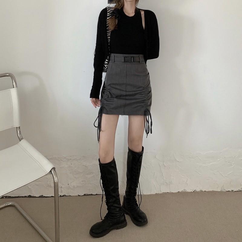 Chân váy chữ A dây rút gấu cá tính kèm belt(có quần trong)