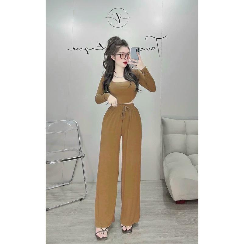 Set bộ thun gân áo croptop tay dài mix quần suông thời trang nữ dành cho các nàng ở nhà, đi chơi