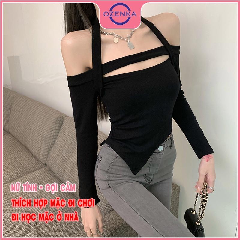 Áo croptop tay dài trễ vai ôm body , áo bẹt vai crt len tăm 100% cotton đẹp đen trắng free sze dưới 52 kg