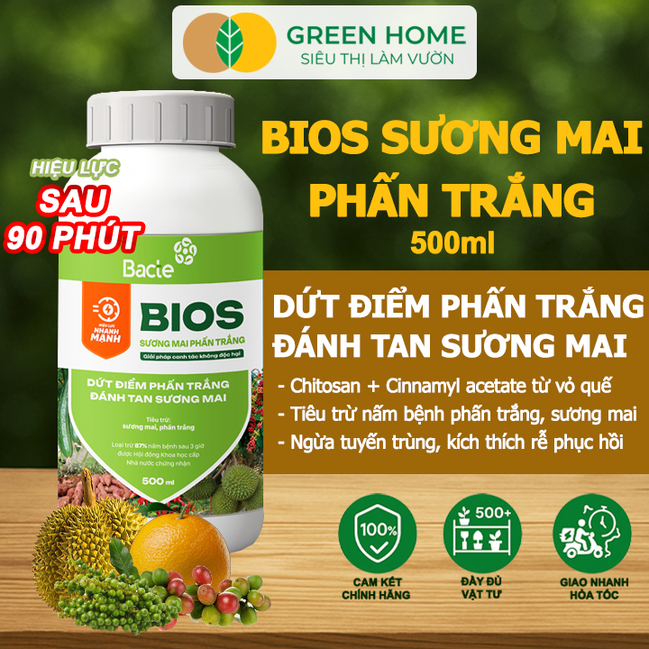 Chế Phẩm Sinh Học Bacte Bios Sương Mai Phấn Trắng, Green Home, Chai 500ml, Từ Thảo Mộc, Hiệu Lực Nhanh Mạnh