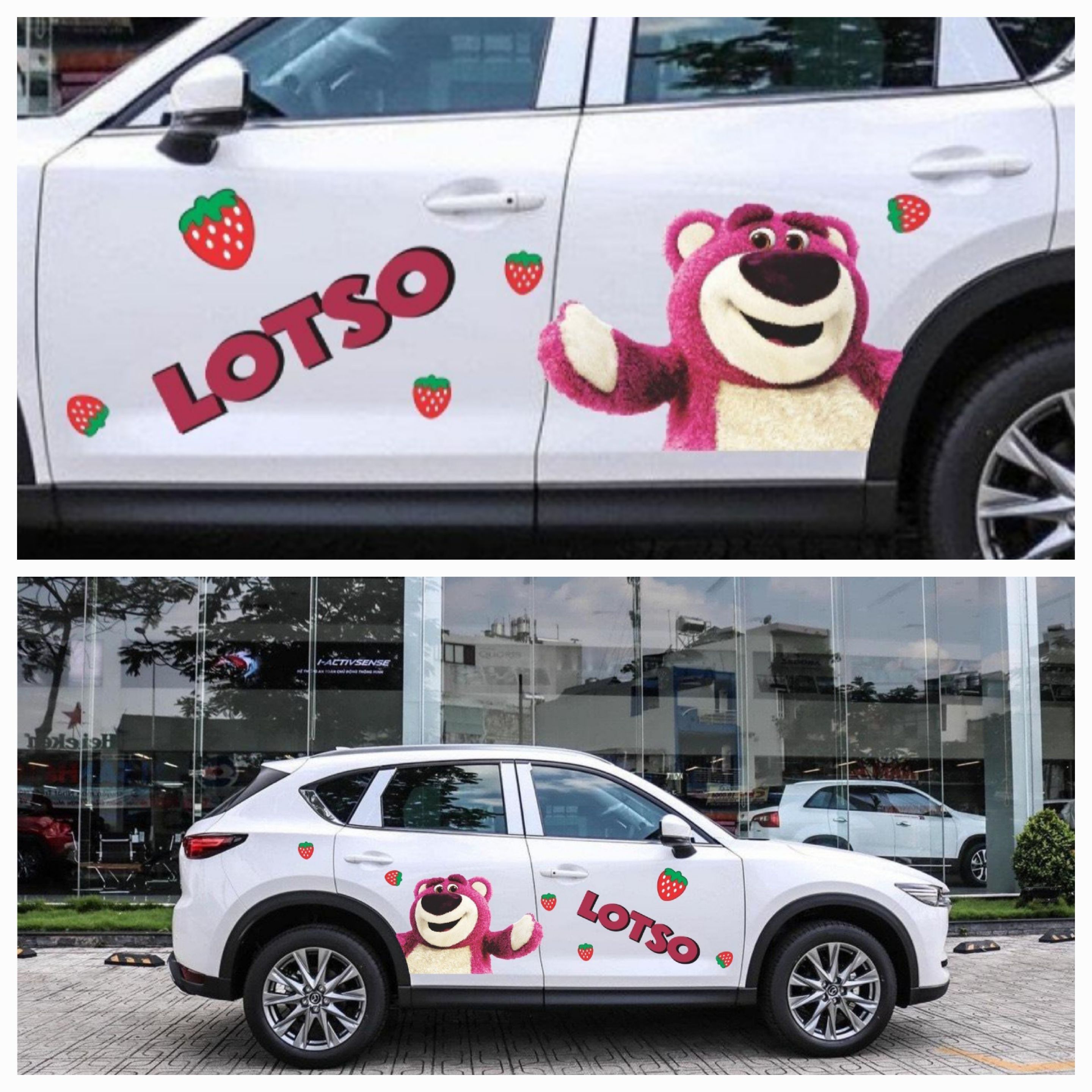 Tem gấu dâu Lotso dán ô tô , decan trang trí sườn xe 4 chỗ,7 chỗ gấu Dâu chống bay màu, kháng nước