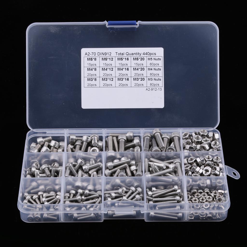New 440pcs M3 M4 M5 304 Stainless Steel Hex Socket Head Bolts Screws Nuts Kit