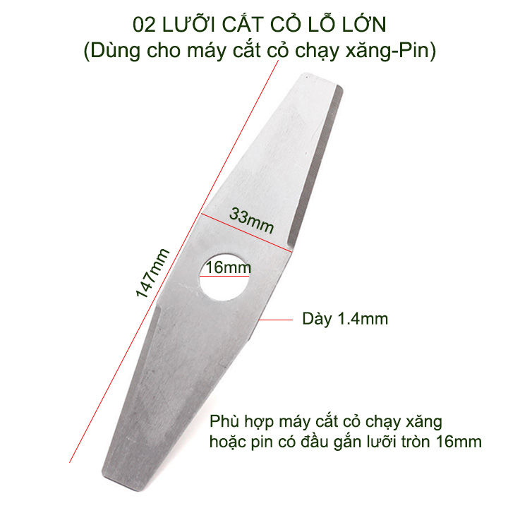 Bộ 2 Lưỡi cắt cỏ thép dẹt lỗ lớn D16mm, dài 147mm, dùng cho máy cắt cỏ chạy xăng