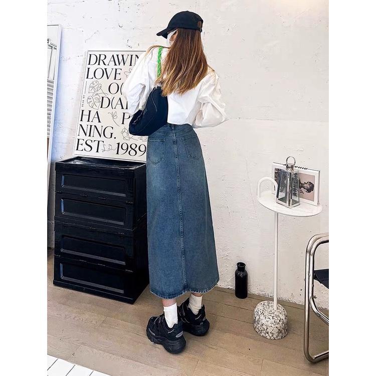 Chân váy jeans trơn basic EMIX, váy midi dáng dài, xẻ trước, cạp cao, có túi