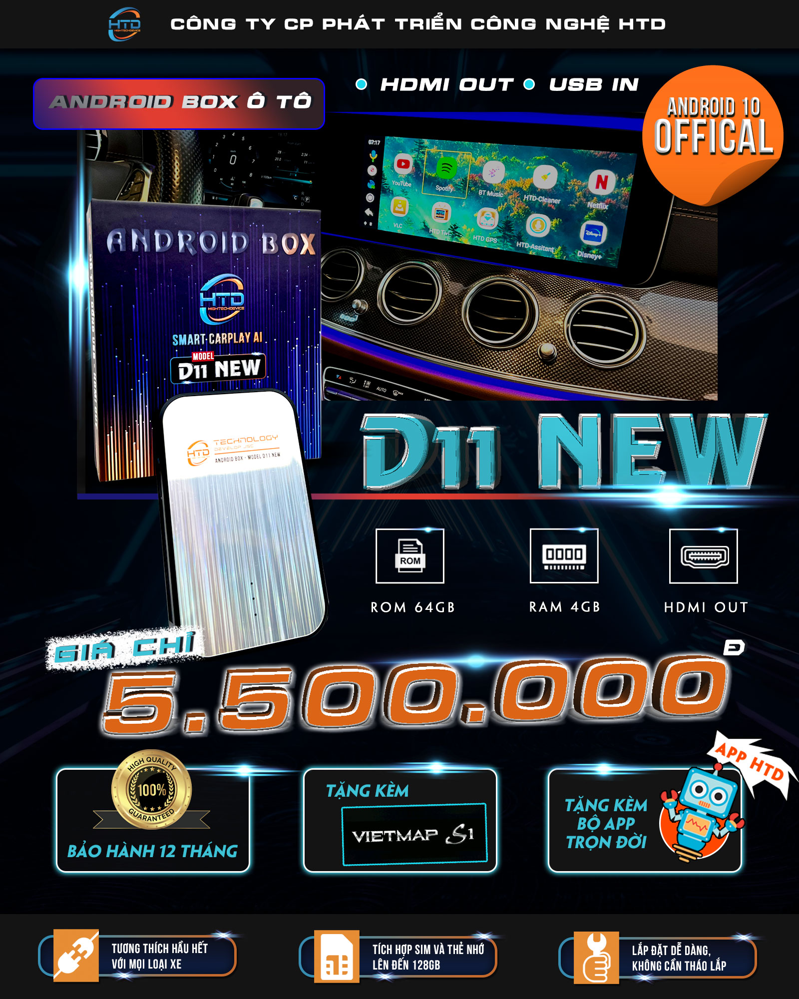 HTD Smart Carplay Android AI Ô Tô D11 New