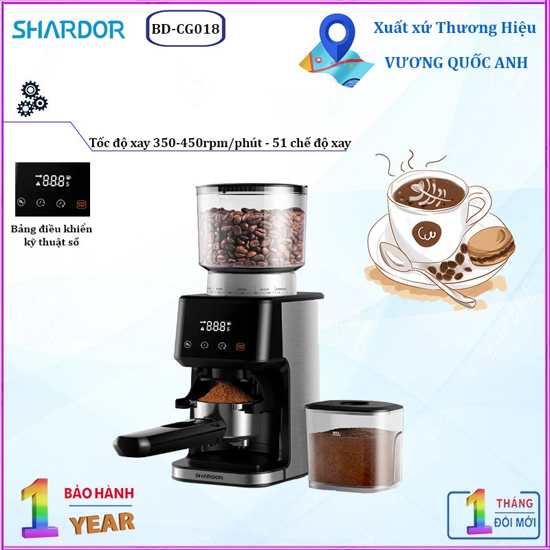 Máy xay hạt cà phê Espresso cao cấp Shardor BD-CG018  Tích hợp 51 chế độ xay hạt cà phê- hàng chính hãng