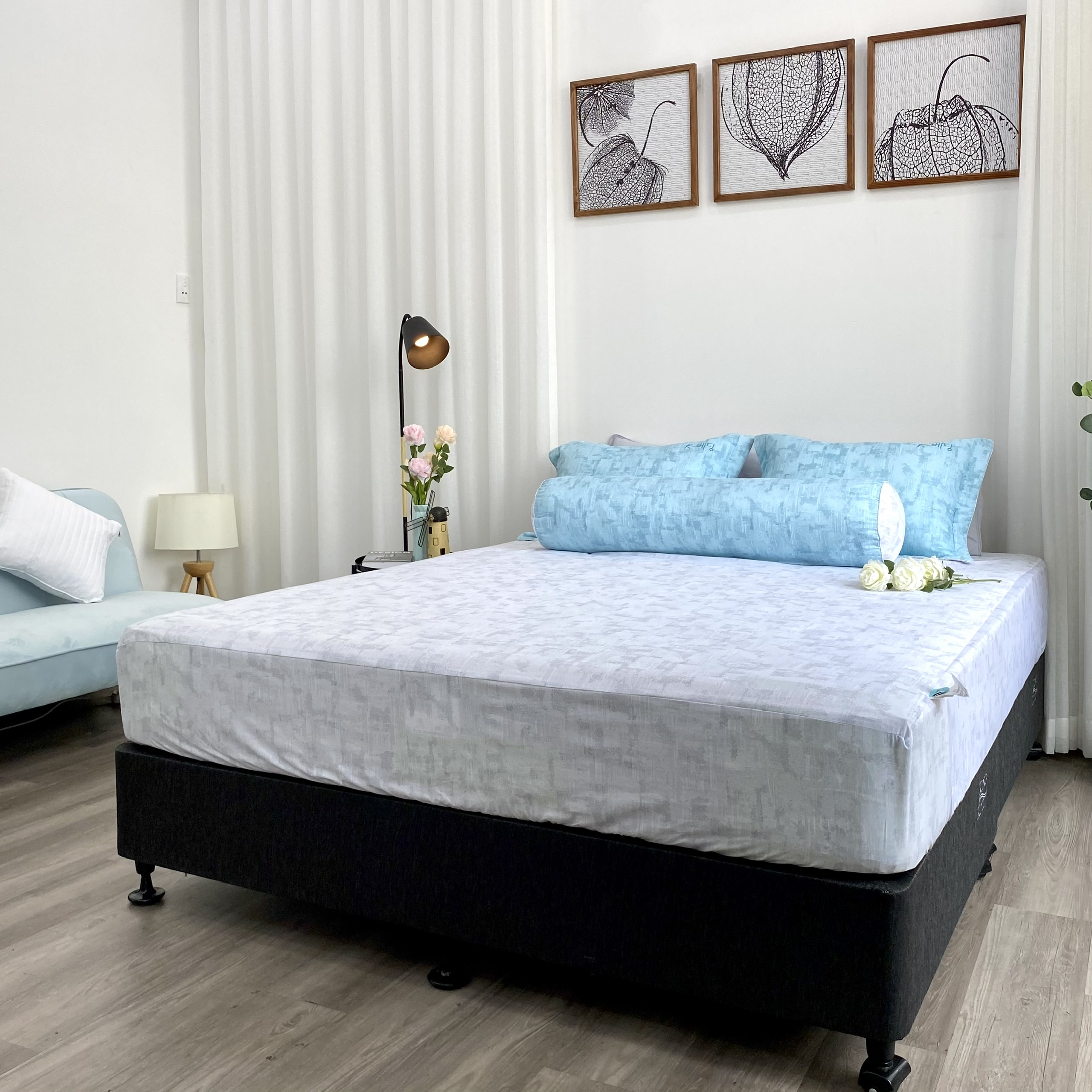 Bộ ga giường  KBedding by Everon KMTP 114 Microtencel Xám phối xanh (4 món)