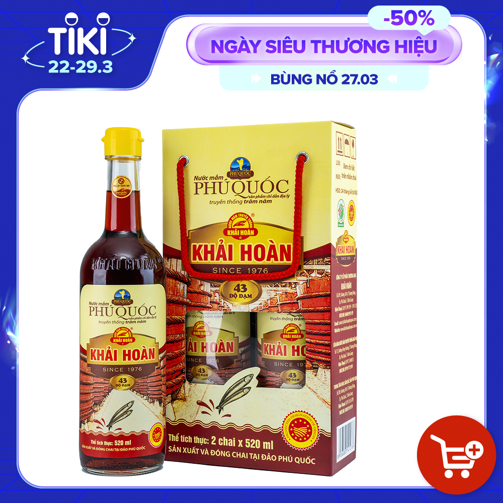 Đặc Sản Phú Quốc - Hộp 2 Chai Thủy Tinh Nước Mắm Phú Quốc Khải Hoàn 43 Độ Đạm (520Ml X 2) - Ocop 5 Sao