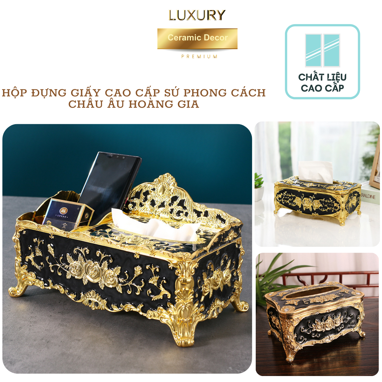 Hộp Đựng Giấy Sứ Mạ Vàng Ánh Kim Phong Cách Châu Âu DECOR LUXURY - Hàng Nhập Khẩu