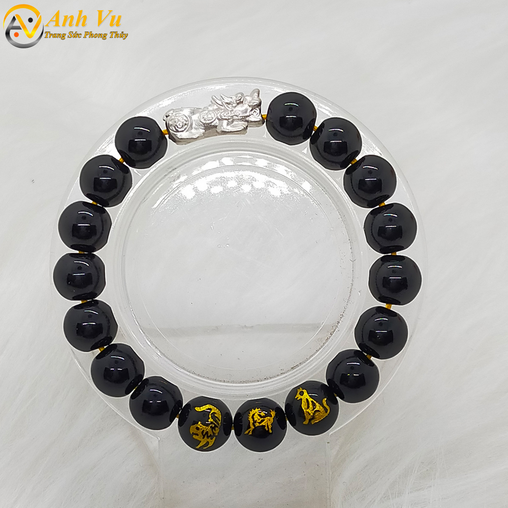 Vòng tay tỳ hưu tam hợp dần ngọ tuất chất liệu mã não đen - size 8 10 12ly cho người mệnh mộc, mệnh thủy - có khai quang điểm nhãn may mắn tài lộc - bảo hành 12 tháng - PHONG THỦY ANH VŨ