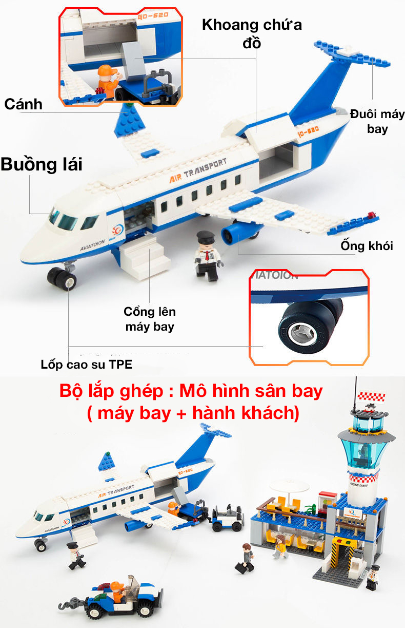 Bộ đồ chơi lắp ghép mô hình sân bay KAVY NO.8810 gồm máy bay, phi công, nhà ga, ô tô...652 chi tiết đầy đủ tạo hình