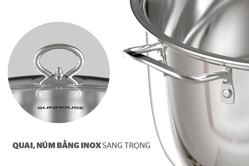 Bộ nồi Inox 5 đáy Sunhouse SHG788 Dùng Cho Bếp Từ và Mọi Loại Bếp