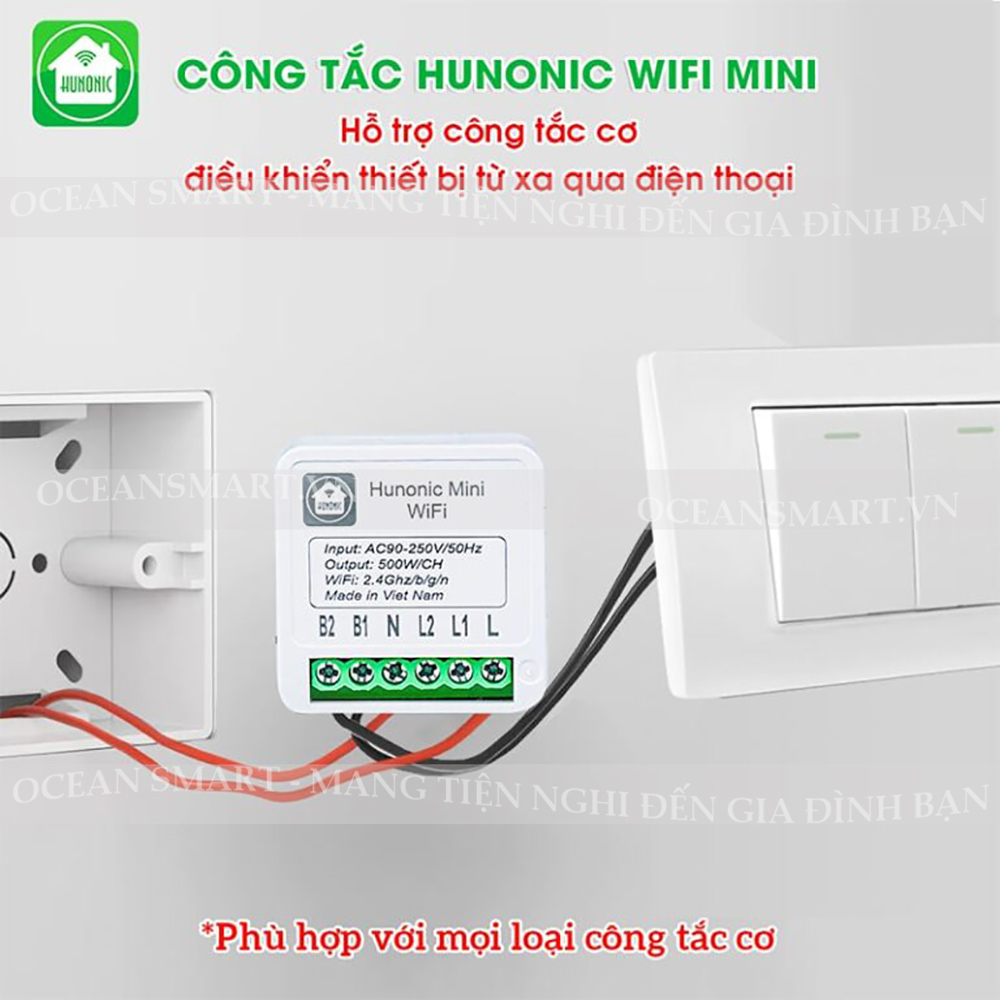 Công Tắc Thông Minh Wifi Hunonic Mini, Công Tắc Điều Khiển Từ Xa Qua Điện Thoại - HNMN02