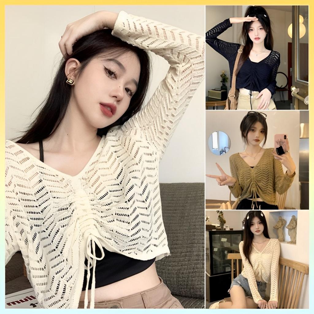 Áo len LƯỚI Montoghi dệt kim họa tiết SÓNG RÚT DÂY Quảng Châu xinh xắn