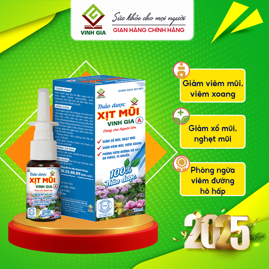Thảo Dược Xịt Mũi VINH GIA A Giảm Viêm Mũi Viêm Xoang, Sổ Mũi, Phòng Ngừa Viêm Đường Hô Hấp Dùng Cho Người Lớn 20 ml