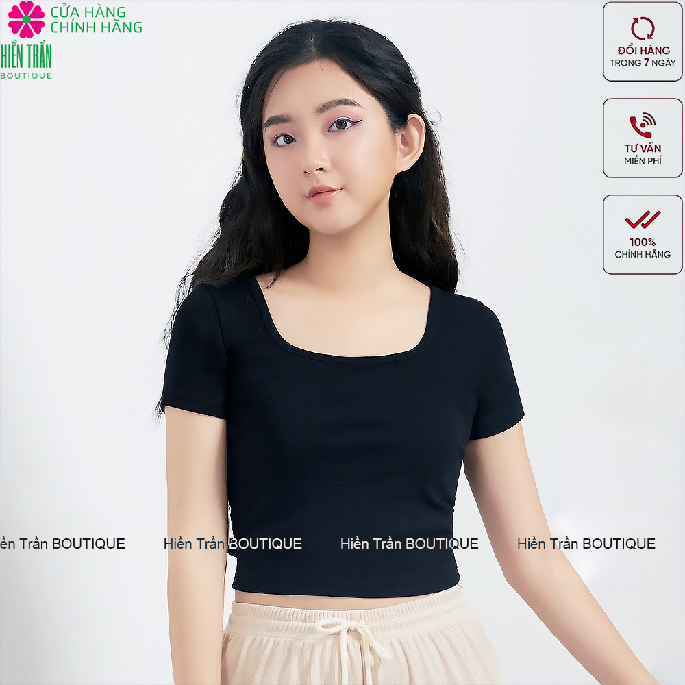 Áo croptop HIỀN TRẦN cổ vuông vải cotton co giãn tốt ba lỗ nữ cộc tay body thun ôm