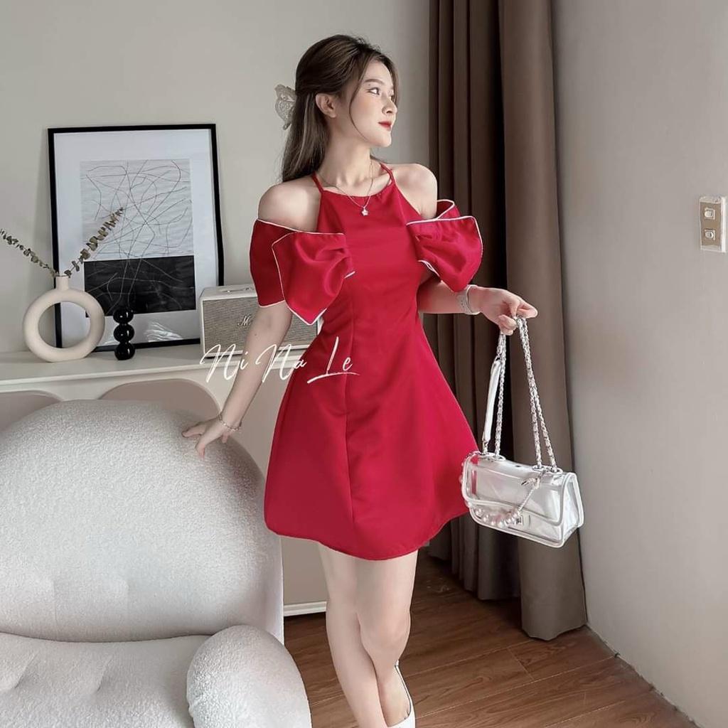 Đầm xoè cổ yếm nơ tay viền xinh xắn