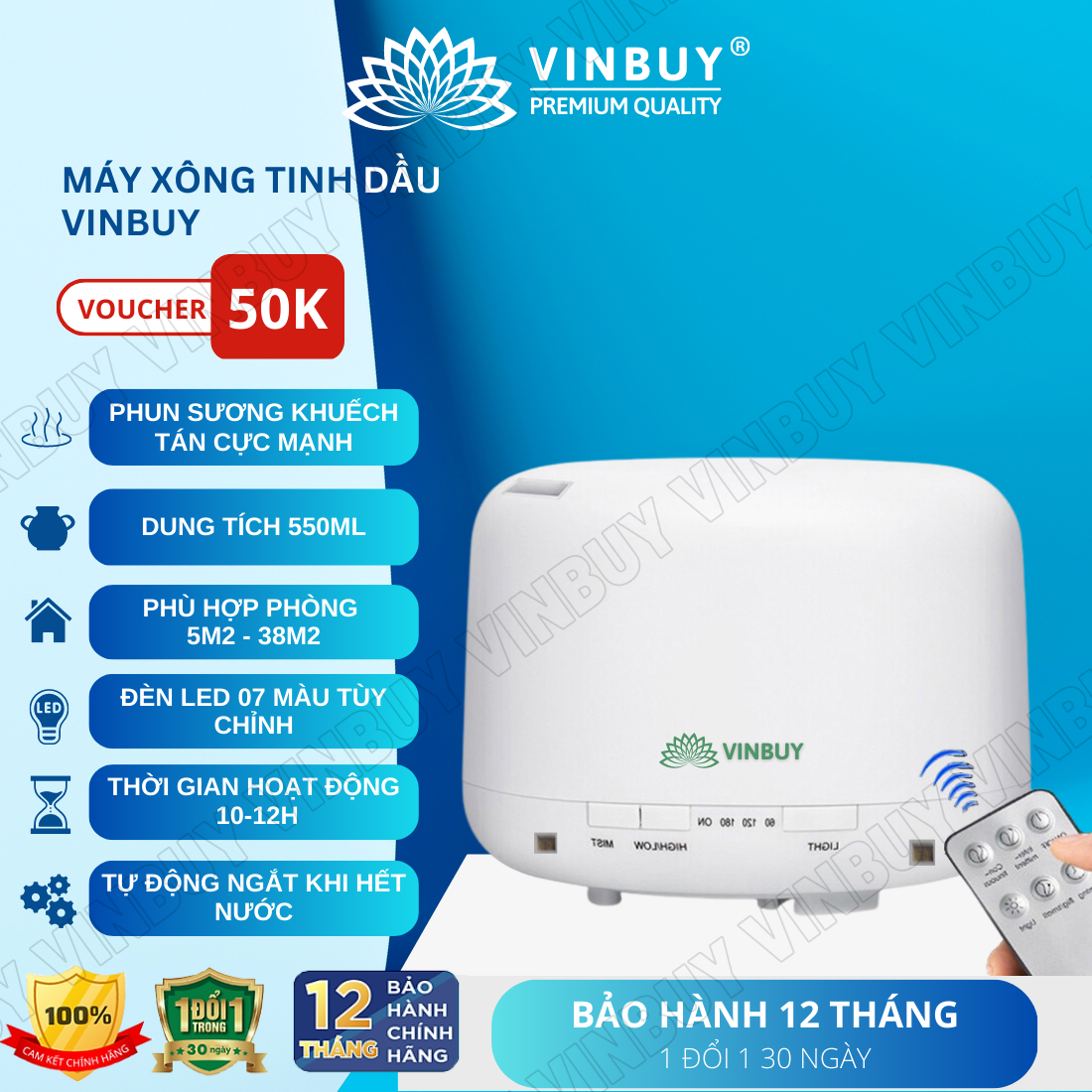 Máy xông tinh dầu phòng ngủ tạo ẩm phun sương khuếch tán tinh dầu làm thơm phòng, khử mùi nhà vệ sinh trụ tròn - Hàng chính hãng Vinbuy