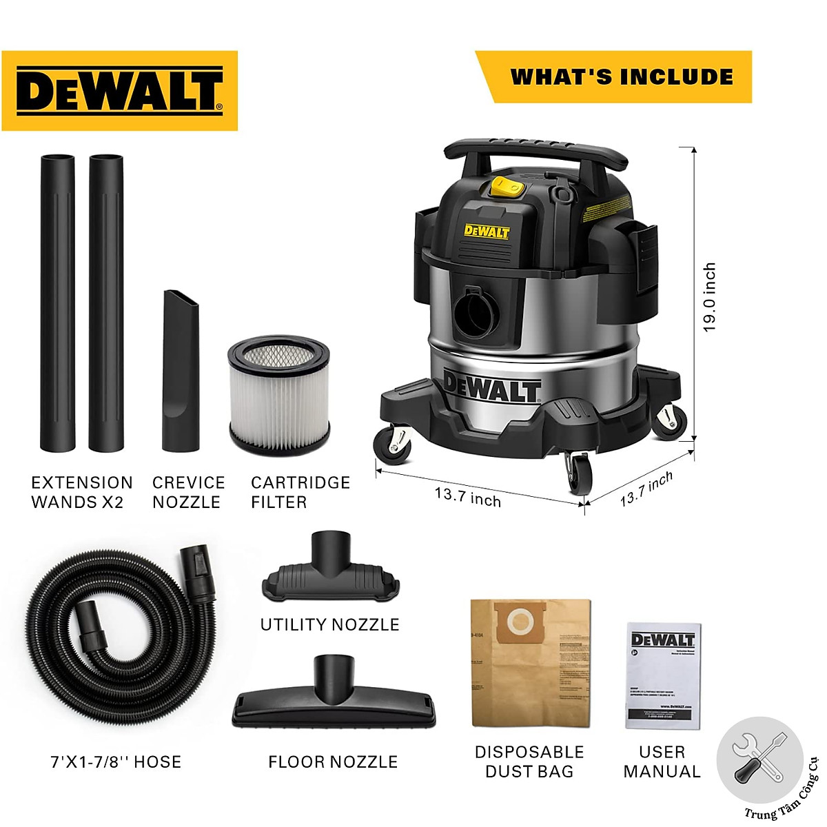 Máy hút bụi công nghiệp khô và ướt (3000W – 4HP) DeWALT DXV25S dung tích 25L - Hàng chính hãng