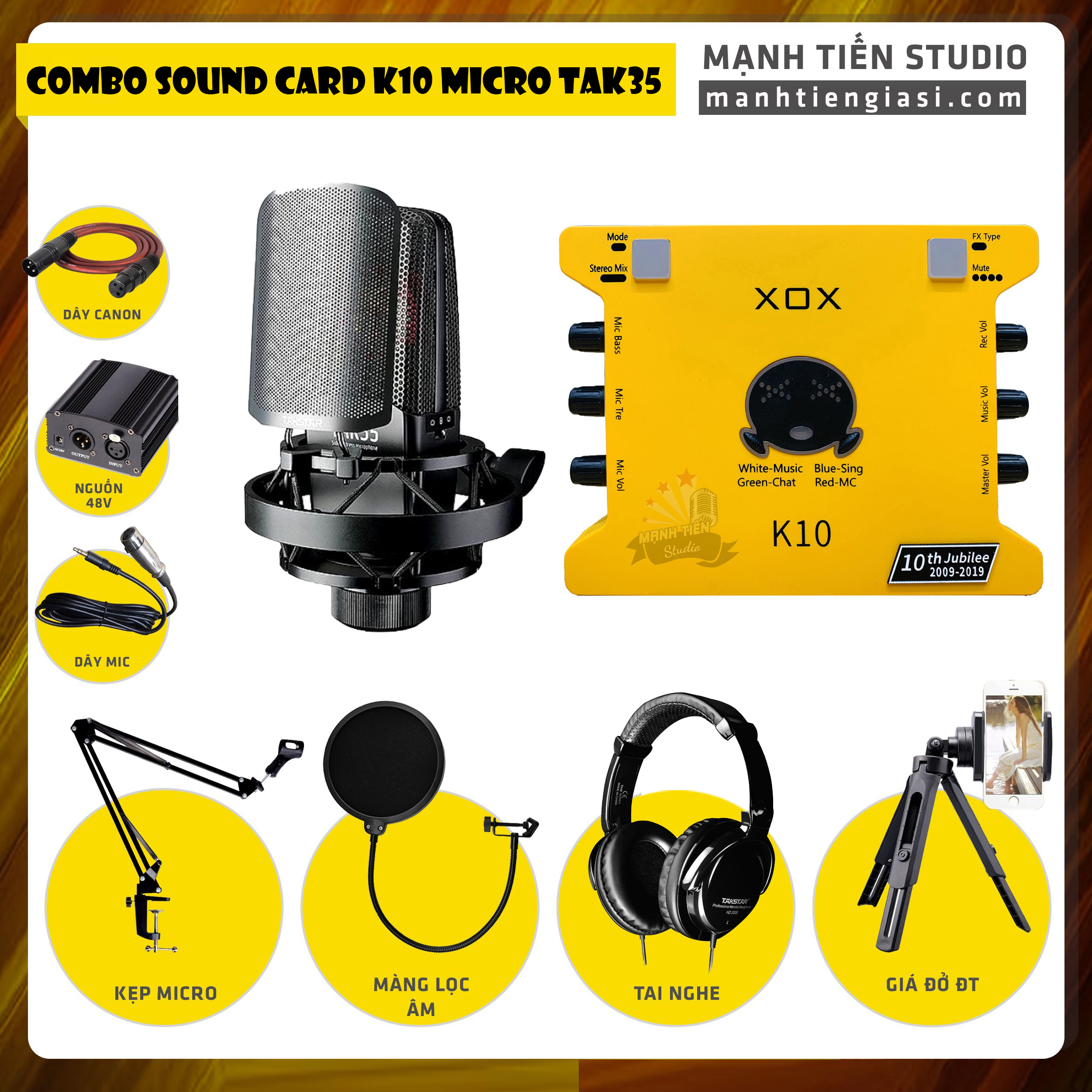 Combo thu âm, livestream Micro TakStar TAK35, Sound card XOX K10 Jubilee - Kèm full phụ kiện nguồn 48V, kẹp micro, màng lọc, tai nghe, giá đỡ ĐT - Hỗ trợ thu âm, karaoke online chuyên nghiệp - Hàng chính hãng