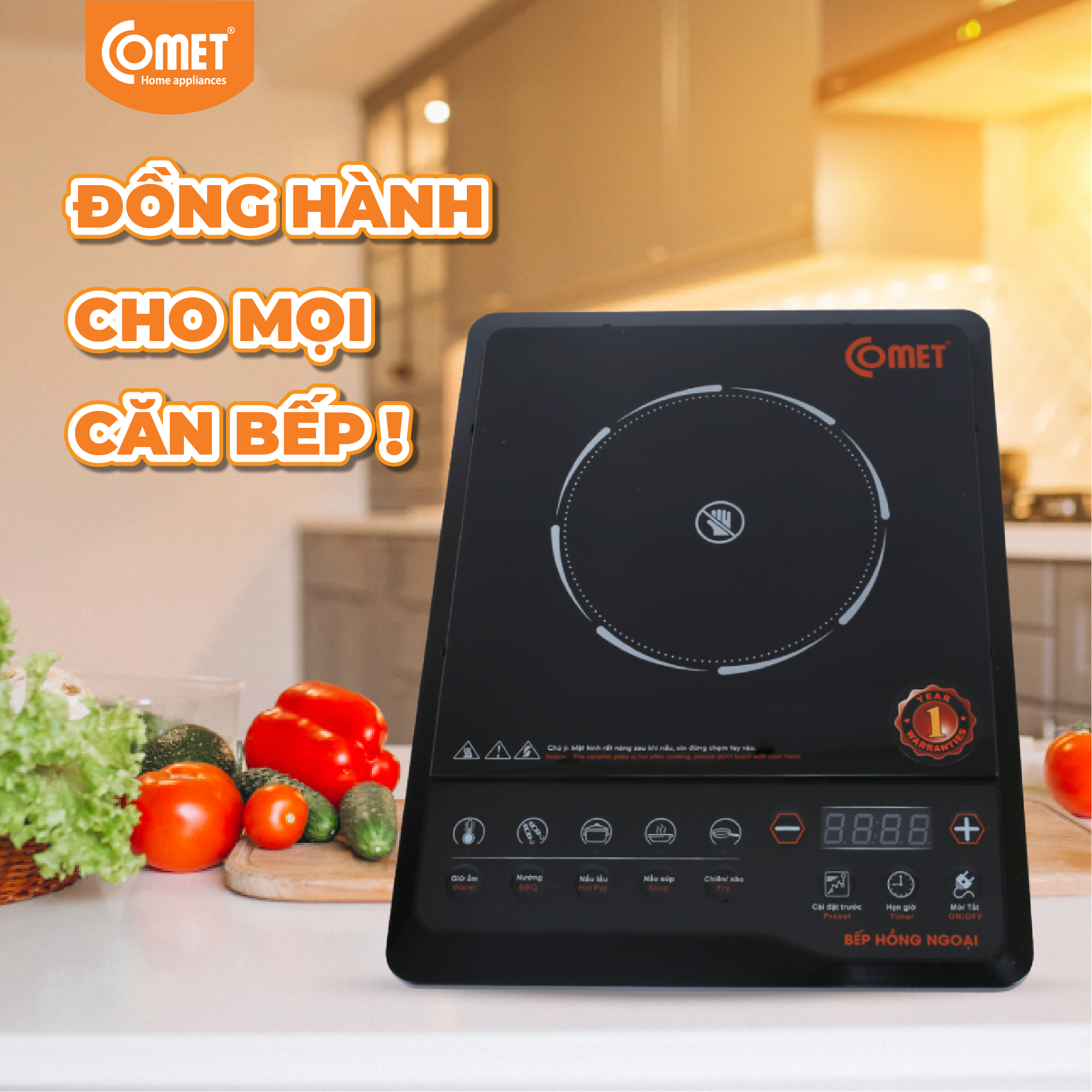 Bếp hồng ngoại Comet CM5517 – công suất 2000W, mặt kính chịu lực, đa chế độ nấu – Hàng chính hãng, bảo hành 12 tháng