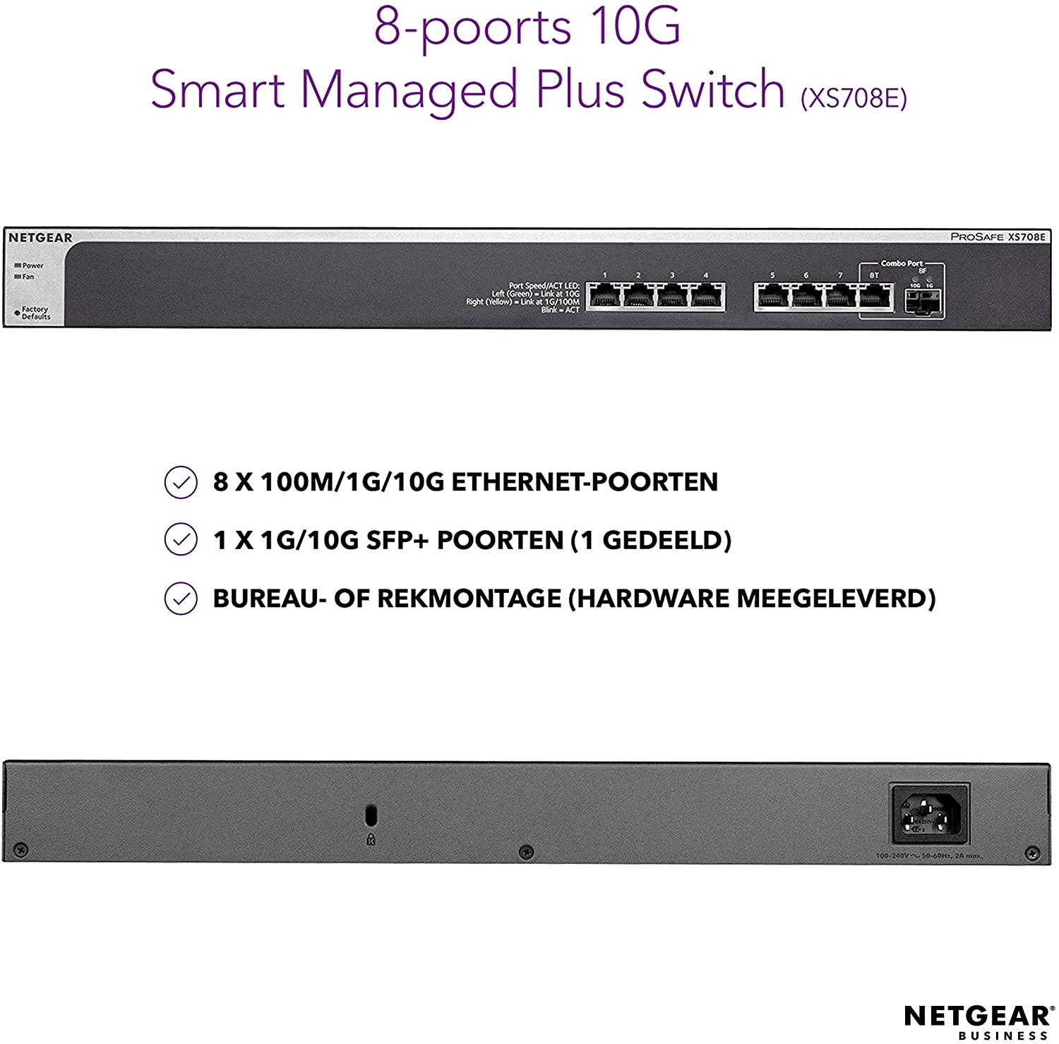 Bộ Chia Mạng Gắn Rack 8 Cổng 100M/1G/10G Với 1 Cổng Quang Combo 10G SFP+ ProSAFE 10-Gigabit Ethernet Smart Managed Plus Switch Netgear XS708E - Hàng Chính Hãng