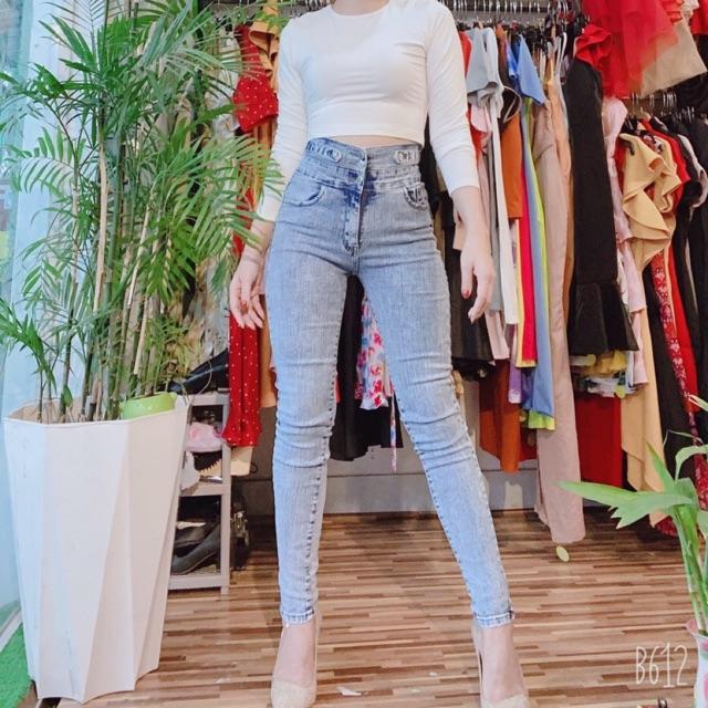 Quần Jeans Nữ Màu Xám Nhạt Lưng Cao Thời Trang