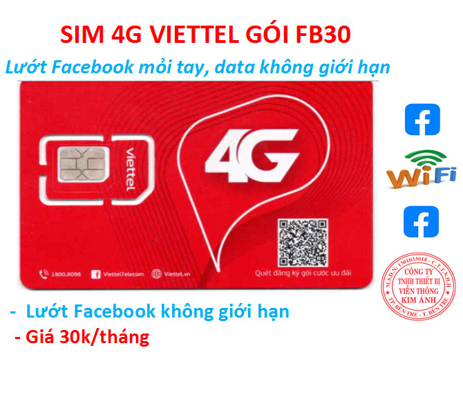 Sim Viettel 4G dùng mãi mãi gói Gói cước FB30 – 30 ngày xem Face.book không giới hạn, Hàng chính hãng