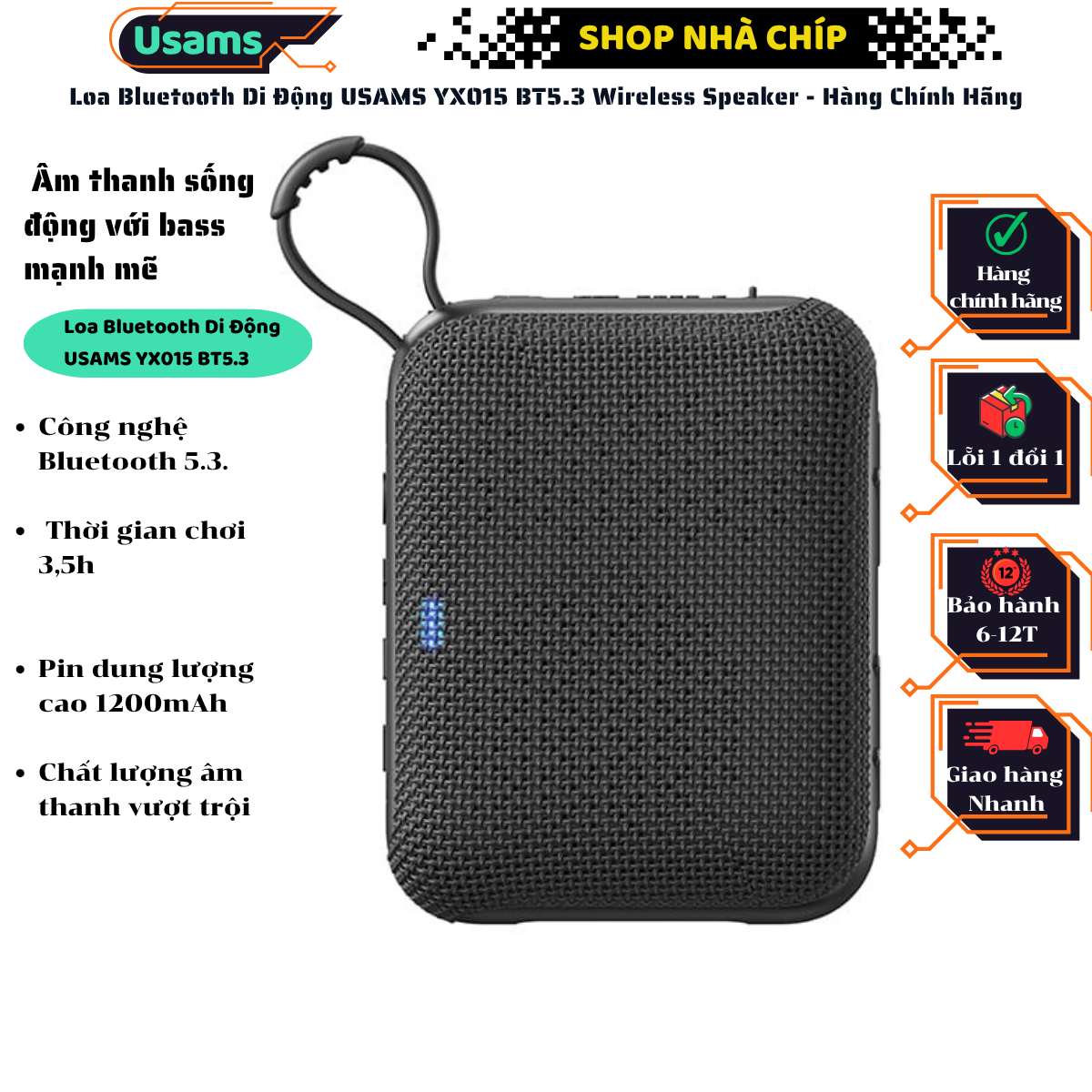 Loa Bluetooth Di Động USAMS YX015 BT5.3 Wireless Speaker - Hàng Chính Hãng