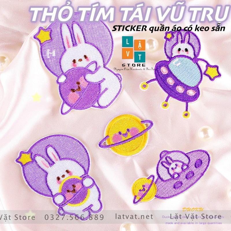 Bộ patch ủi quần áo THỎ TÍM TÁI 5 hình cực kì dễ thương, dán Vali, tủ lạnh, Sticker miếng dán quần áo