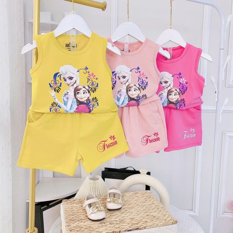 Bộ cotton sát nách bé gái in hình công chúa Elsa, anna màu vàng, hồng đào, hồng nhạt size 10-22kg