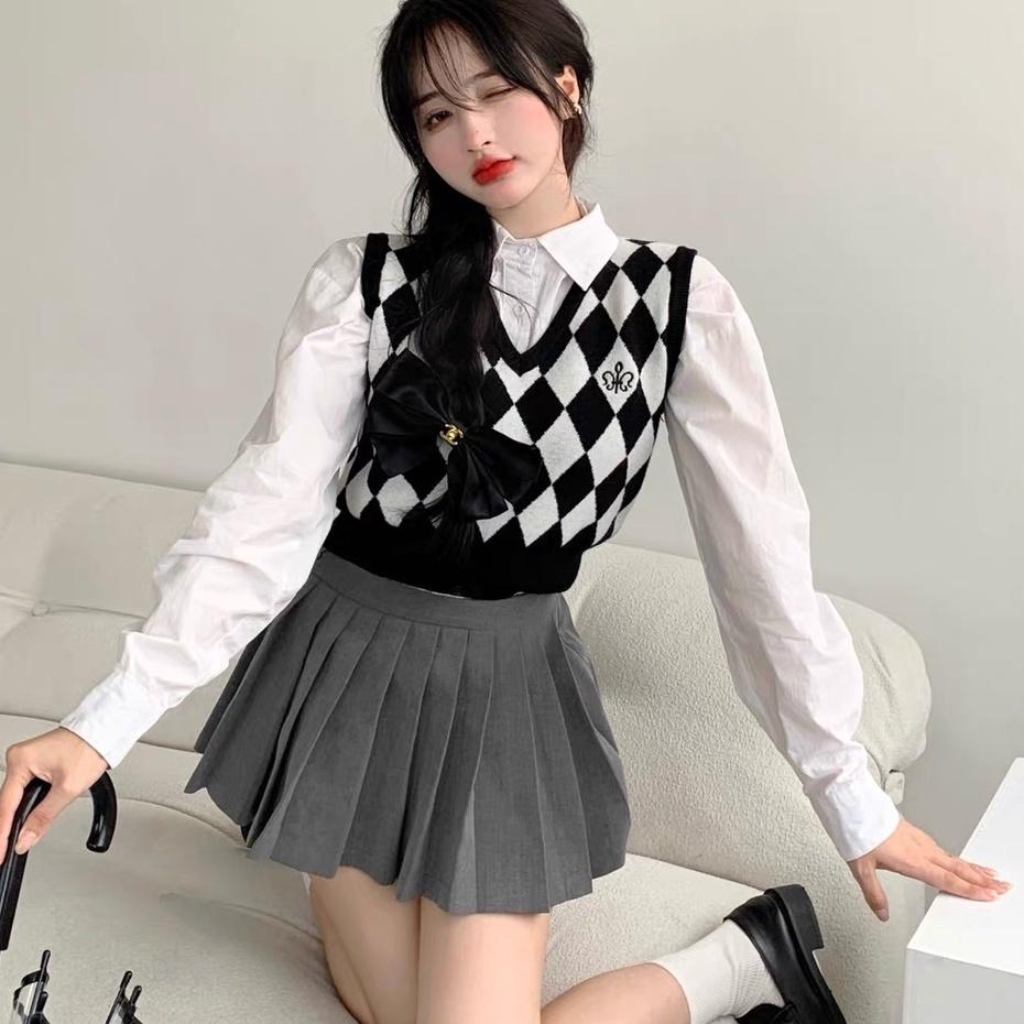 Áo gile len nữ họa tiết kẻ caro cổ tim phong cách Ulzzang len dệt kim kiểu dáng Hàn Quốc trẻ trung phong cách