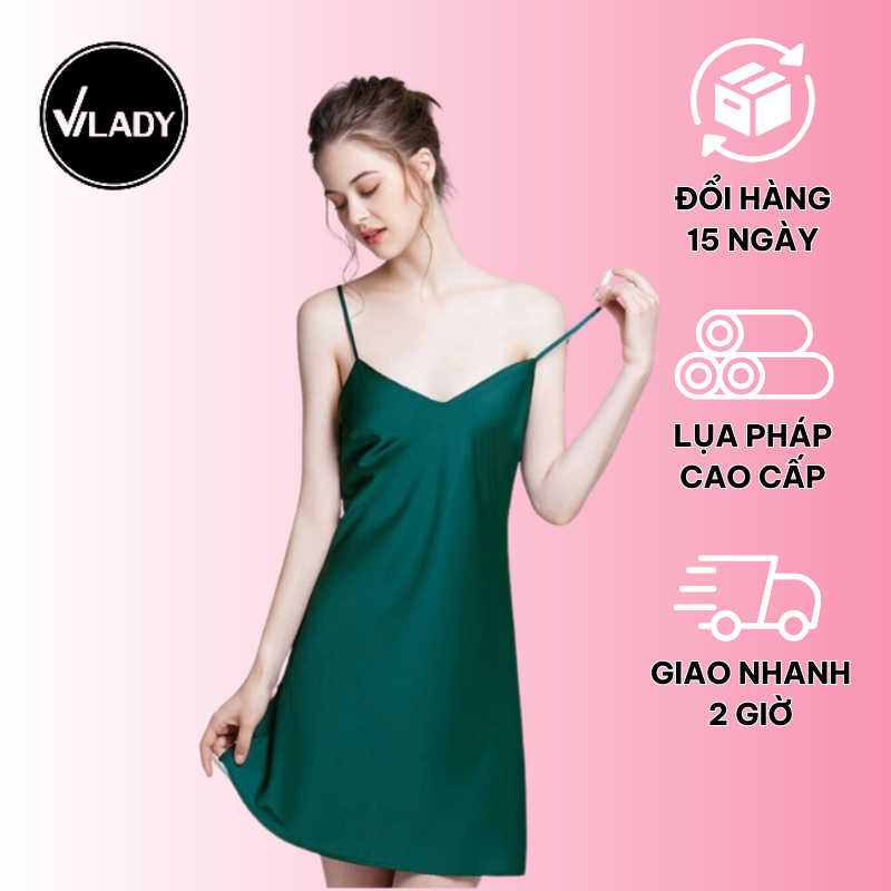 Váy ngủ nữ, váy lụa 2 dây VILADY - V127 dáng suông màu xanh rêu, chất liệu lụa Pháp cao cấp