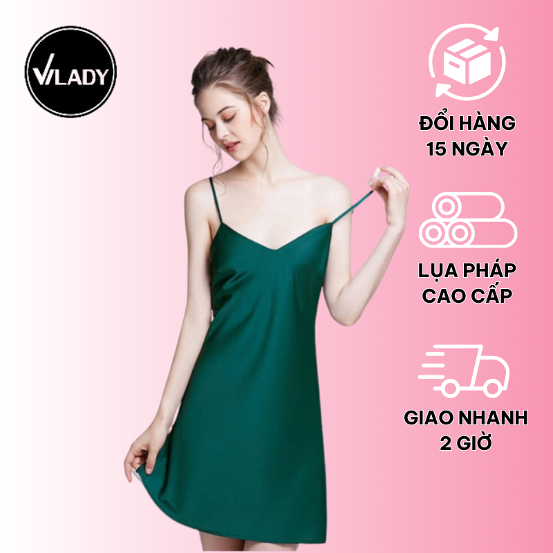 Váy ngủ nữ, váy lụa 2 dây VILADY - V127 dáng suông màu xanh rêu, chất liệu lụa Pháp cao cấp ( lụa latin)