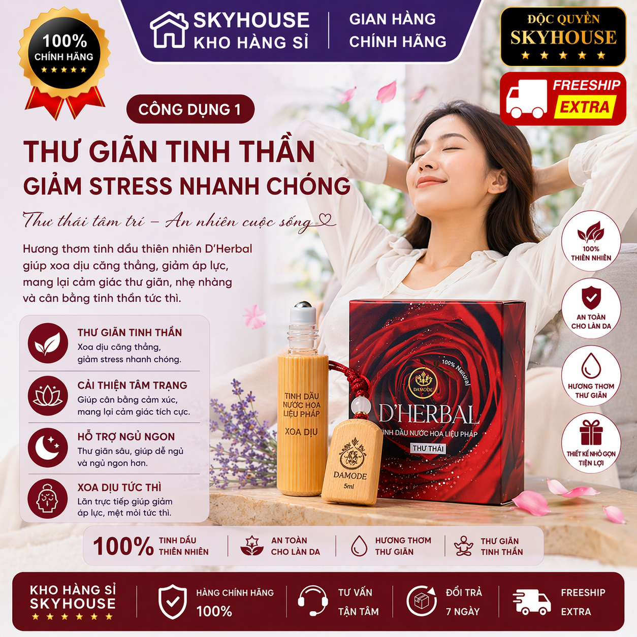 Tinh dầu nước hoa thư thái trị liệu DHERBAL độc quyền DAMODE chai 5ml tinh dầu nước hoa giảm stress chính hãng