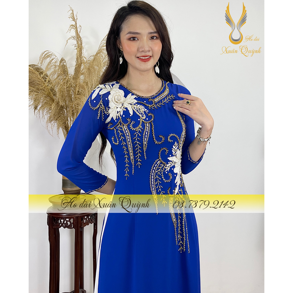Áo Dài Mẹ - Sui Gia Đám Cưới 4 Tà, Đính Kết Thủ Công Quý Phái, Sang Trọng M02 Xanh CôBan
