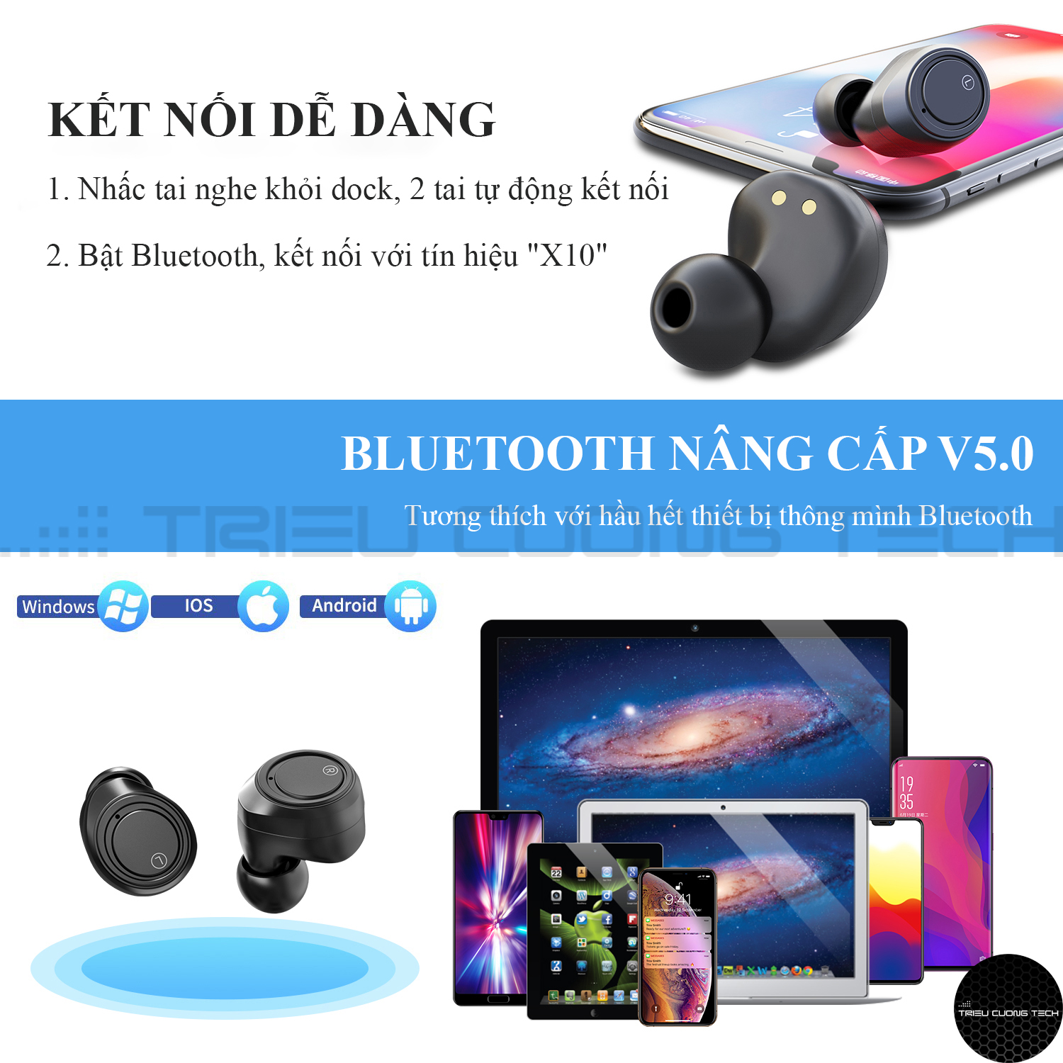 Tai Nghe Bluetooth True Wireless Cảm Ứng Không Dây TCT-HGD-X10 Dung Lượng Pin Lớn-Điều Chỉnh Âm Lượng - Hàng Chính Hãng