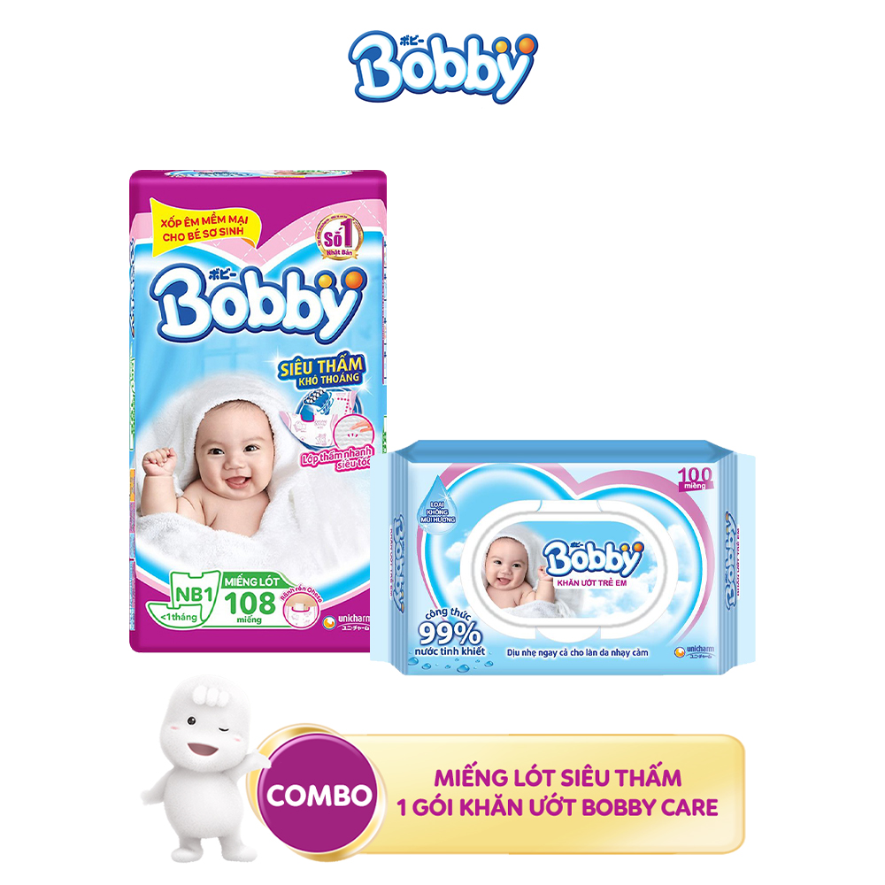 Combo 1 Miếng lót siêu thấm Bobby Newborn 1 - 108 miếng và 1 Gói khăn ướt trẻ em Bobby care không hương 100 tờ