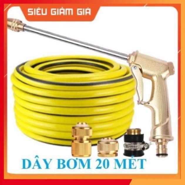 Bộ dây vòi xịt nước rửa xe, tưới cây . tăng áp 3 lần, loại 20m 206701-3 đầu đồng, cút đồng