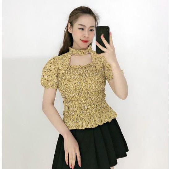Áo Kiểu Hoa Nhí Ngắn Tay _ Thiết Kế Khoét Ngực Và Bo Chun