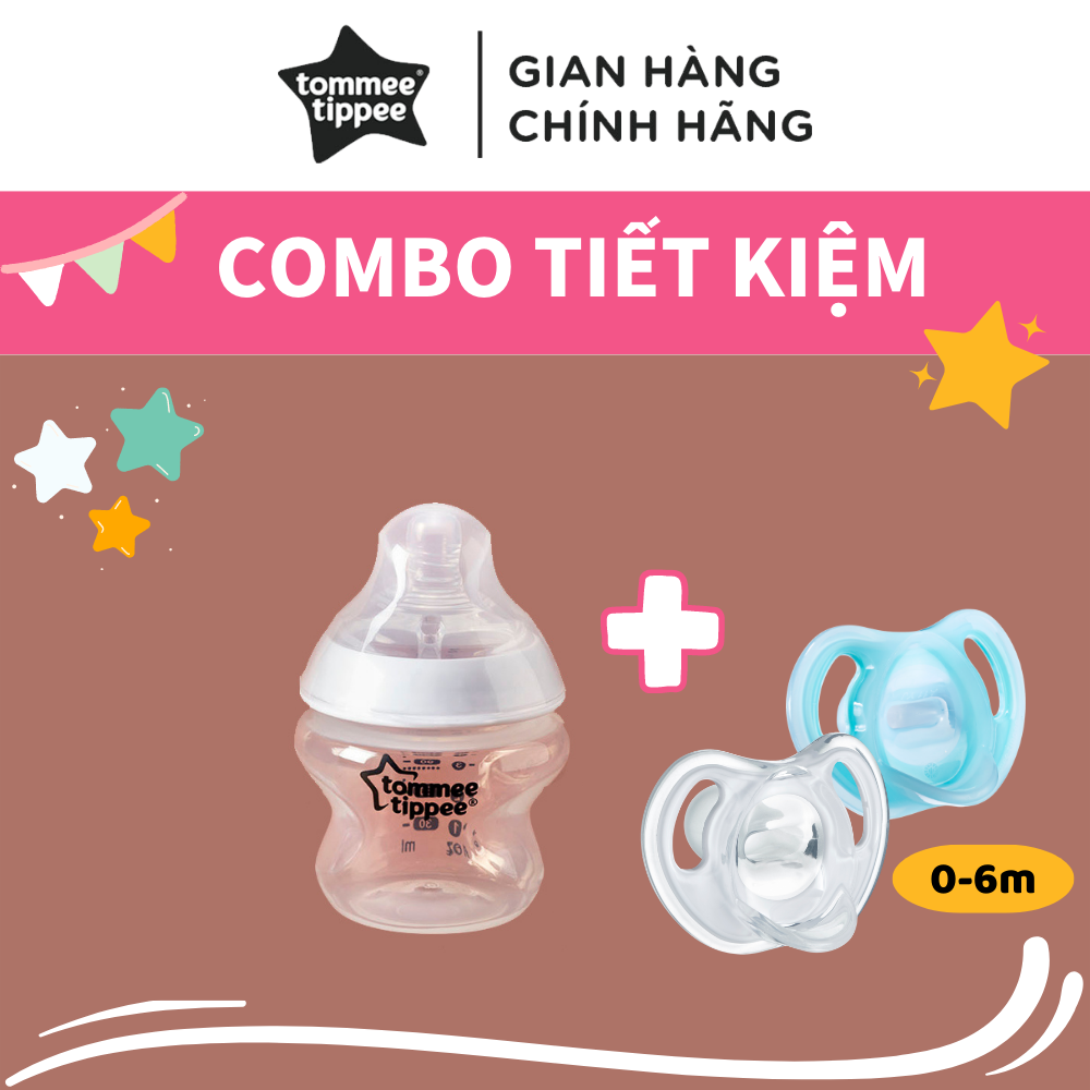 COMBO Ty Ngậm Silicon Siêu Nhẹ Cho Bé Tommee Tippee Ultra Light 0-6m &amp; Bình Sữa Ty Siêu Mềm Tommee Tippee 150ml