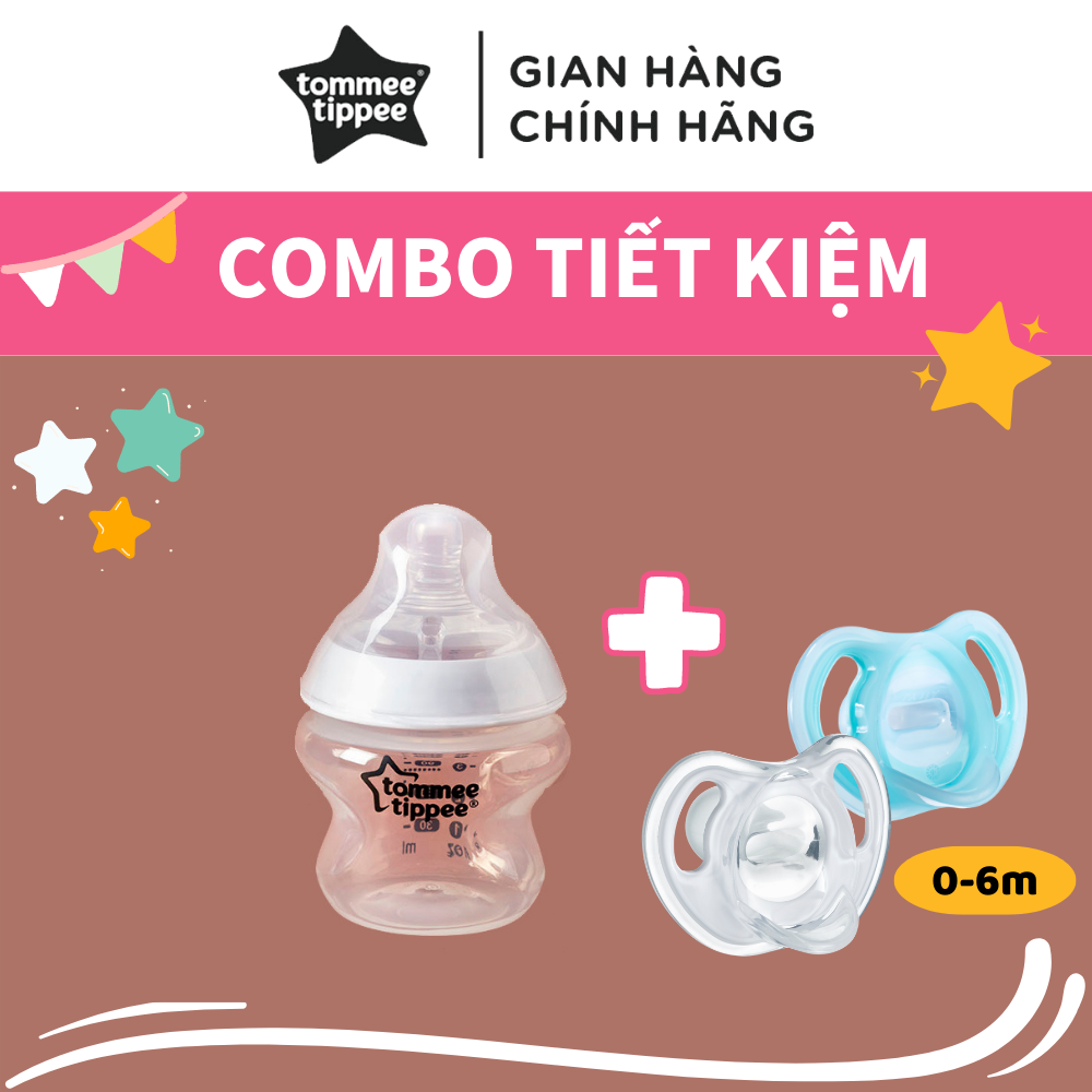 COMBO Bình sữa ty siêu mềm tự nhiên Tommee Tippee Closer to Nature 150ml &amp; Ty ngậm silicon siêu nhẹ cho bé Tommee Tippee Ultra Light 0-6 tháng (vỉ đôi) Xanh dương/Trắng