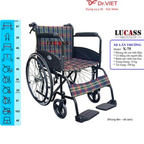 Xe lăn tiêu chuẩn LUCASS X-75 Chính hãng- Khung xe hợp kim, đệm lót êm, chỗ để chân bằng nhựa cao cấp, cho người già, người khuyết tật, bệnh nhân di chuyển dễ dàng