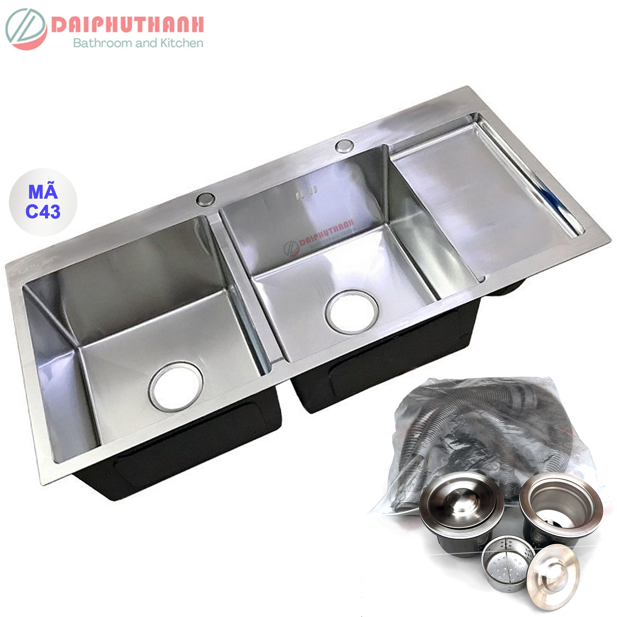 Chậu Rửa Bát Inox Cao Cấp KAZTA KZ-C43 C44 Loại 2 Hộc 1 Cánh - Kích thước 100x48cm rộng rãi tiện dụng