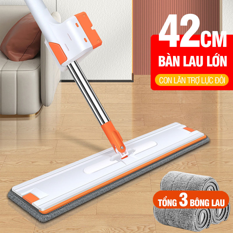 Cây Lau Nhà Tự Vắt Kitimop - White Chổi Lau Nhà Thông Minh Xoay 360 Độ Lau Sàn Làm Sạch, 3 Bông Lau - Màu Cam Trắng
