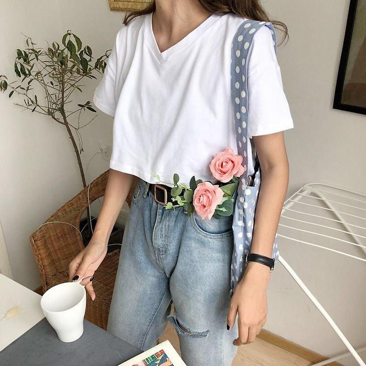 Áo croptop nữ đẹp, áo croptop ngắn tay cổ chữ V, cổ tim, phong cách ulzzang Hàn Quốc, aloha - Trắng